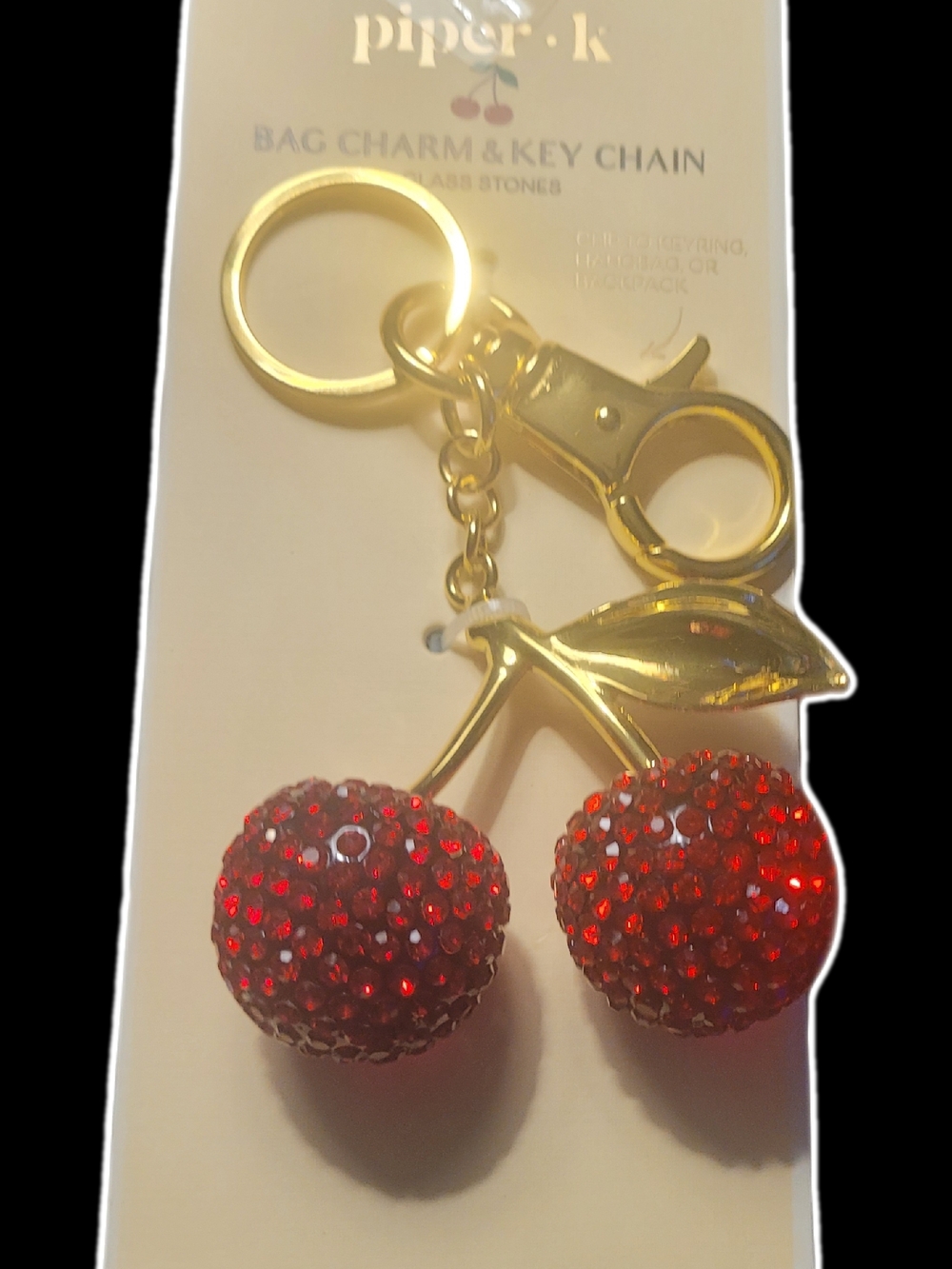 NEW Piper•k Gold Cherry Crystal Bag Charm with Red Crystals